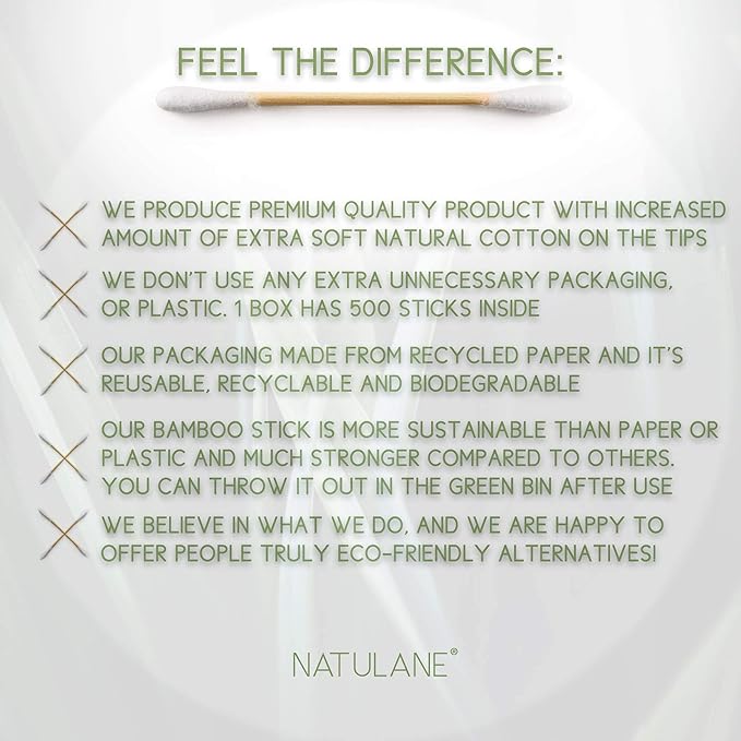 Premium 500 Biodegradable Bamboo Cotton Swabs | Zero Waste Disposable Products | Compostable Q Tips For Ears | Plastic Free Makeup Swab | Safety Wooden Ear Sticks | Eco Friendly Eye Cleaning Utensils