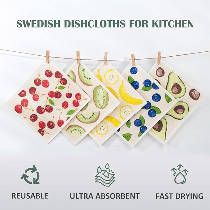 Swedish Dishcloths for Kitchen, 5 Large Square Super Absorbent Washable Paper Towels with 2 Small Thick Reusable Swedish Dish Cloths, Quick Drying Cleaning Rags