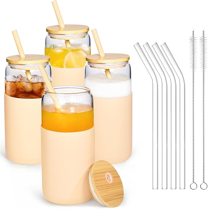 4Pcs 20oz Drinking Glasses Cups Set of 4 Beer Can Shaped Drinking Glasses with Silicone Protective Sleeve Straw Bamboo Lid Iced Coffee for Coffee Smoothie Boba Tea(Apricot*4)