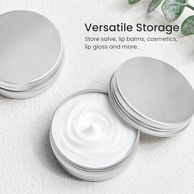 TUZAZO 24Pack 2 Oz Aluminum Tin Cans with Screw Lid and Labels, Refillable Travel Sized Cosmetic Containers Small Tins for Salves, Lotion Bars, Beard Balms, Candles
