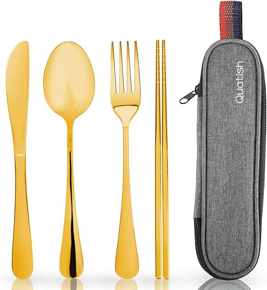 Travel Utensils with Case, Quatish Portable Silverware Set for Work, Stainless Steel Reusable Travel Cutlery, Fork and Spoon Set for Camping, Picnic, Gadgets, Lunch Box for Men, Christmas Gift, Gold