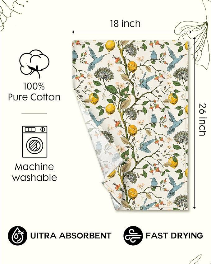 Flour Sack Kitchen Towels Set of 2-18x26 Cotton Dish Towels with Hanging Loop Reusable Tea Towel for Cleaning Spring Absorbent Dishcloths Cute Home Decor Housewarming, Lemon Birds