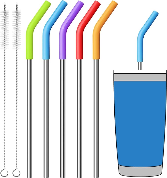 Stainless Steel Straws for 20 oz YETI Tumbler，8.5 "Metal Straight Drinking Straws Reusable with Silicone Tips for 20 oz Tumbler Cup,Cleaning Brush