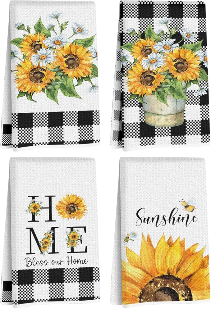 Jztco 4Pcs Sunflower Kitchen Towels 24x14 Inch, Spring Summer Floral Checkered Hand Towels for Kitchen Farmhouse Decor, Absorbent Dish Cloth Tea Towel, Sunflower Gifts for Women Mom, Bless Our Home