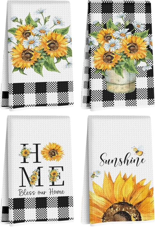 Jztco 4Pcs Sunflower Kitchen Towels 24x14 Inch, Spring Summer Floral Checkered Hand Towels for Kitchen Farmhouse Decor, Absorbent Dish Cloth Tea Towel, Sunflower Gifts for Women Mom, Bless Our Home
