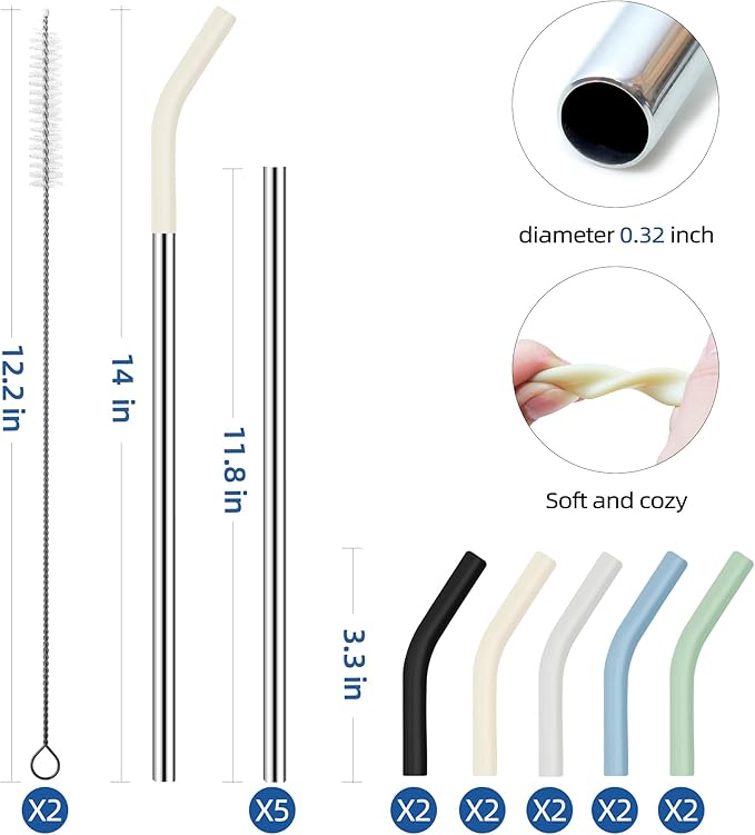 Set of 5 Stainless Steel Straws for 40 Oz Tumbler,For Stanley 40 Oz Tumbler, Reusable Metal Straw with 10 Silicone Tips and 2 Straw Cleaning Brush（5 colours 1, 40oz）