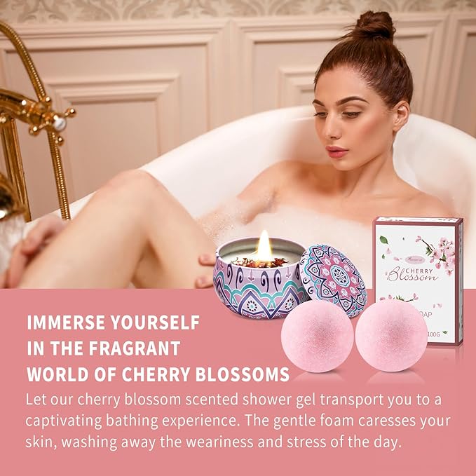 Bath and Body Gift Set for Women - Luxurious Home Spa Gift Set,Japanese Cherry Blossom 7-Piece Set Including Shower Gel,Body Lotion,Bath Oil,Bath Salt,Soap,Bath Bombs and Candle