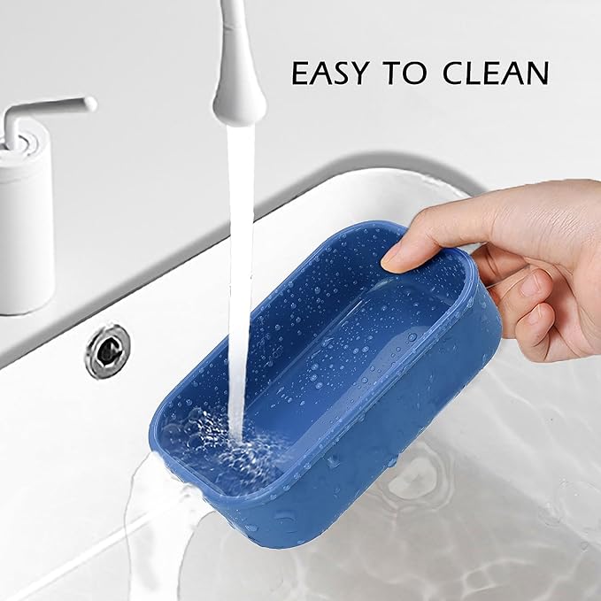 Enhanced Leakproof Travel Soap Case,Shatter-Proof & Slip-Resistant Silicone Shampoo Bar Holder, Large Bar Soap Container with Draining Layer-Soap Saver Pad (Clear&Blue)