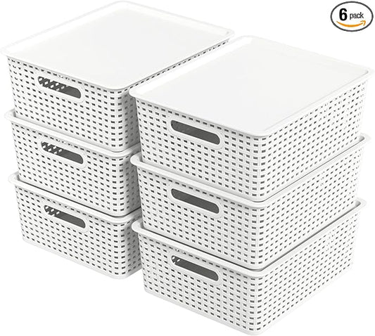 6 Pack Stackable Lidded Storage Baskets, Plastic Woven Baskets for Organizing, White
