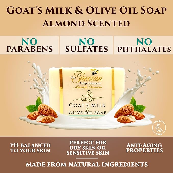 The Grecian Soap Company Deluxe Gift Basket for Women - 6pcs Goat Milk & Olive Oil Skin Care Set, Birthday Gifts, Spa Gift, Bridal Shower Gifts, Gifts for Mom, Almond Scent, Handmade in the USA