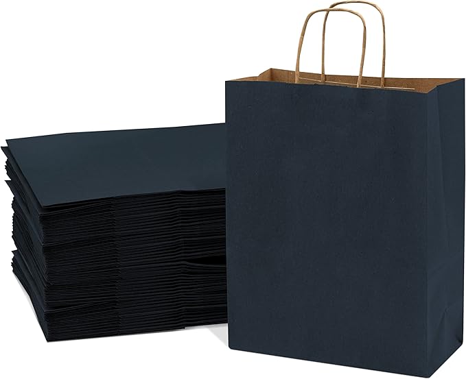 Prime Line Packaging Paper Gift Bags, Navy Blue Gift Bags with Handles, Medium Shopping Bags for Small Business, Retail, Boutiques, Graduation, Bulk, 10x5x13, 50 Pack