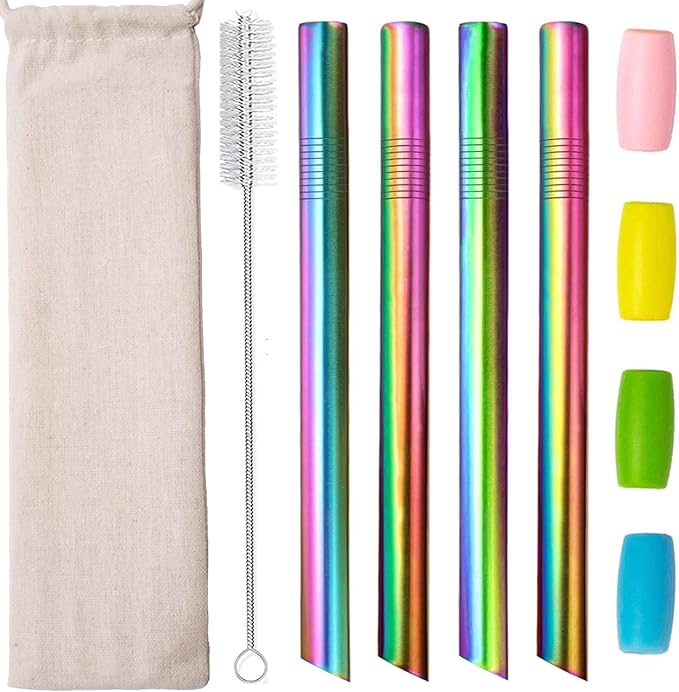 Reusable Boba Smoothie Straw Rainbow Metal Straws Wide Thick Fat Angled Tip Sharp End Straw for Milkshake Jumbo Bubble Tea Straws With Carry Case Bag Silicone Tips Brush 12mm 0.5in 4 Pack