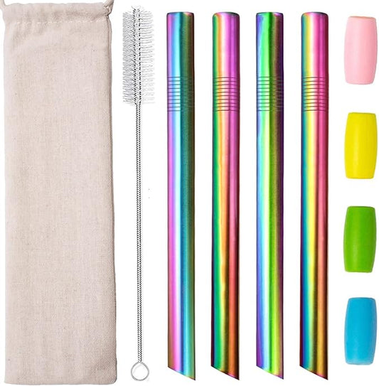 Reusable Boba Smoothie Straw Rainbow Metal Straws Wide Thick Fat Angled Tip Sharp End Straw for Milkshake Jumbo Bubble Tea Straws With Carry Case Bag Silicone Tips Brush 12mm 0.5in 4 Pack