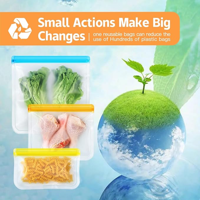 24 Pack Dishwasher Safe Reusable Silicone Bags - Leakproof Freezer Bags, BPA Free Food Storage for Lunch, Marinate, Travel - 8 Gallon, 8 Snack, 8 Sandwich Bags