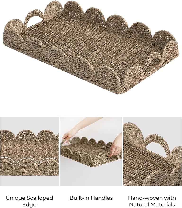 StorageWorks Large Wicker Scalloped Edge Serving Tray, Rectangle Tray with Built-in Handles, Hand-Woven Scalloped Rattan Tray, Wicker Trays for Décor, Natural Seagrass