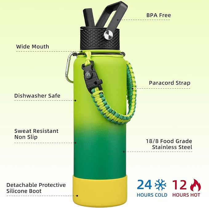 BJPKPK Insulated Water Bottle with Straw Lid, 40oz Large Thermal Flasks with 3 Lids, Paracord Handle & Non-slip Boot, BPA Free Leak Proof Stainless Steel Metal Water Bottles, Tumblers, Bamboo Grove