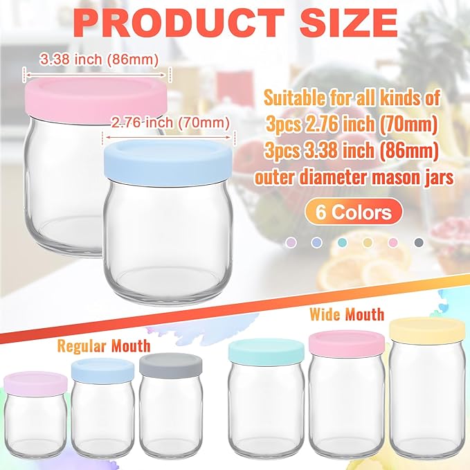 6 Pcs Mason Jars 3 Wide and 3 Regular Mouth Lids Mason Jar Lids Thickened Leak Proof Lid for 86 mm and 70 mm Wide and Regular Mouth, Reusable Canning Jar Caps (Macaron)