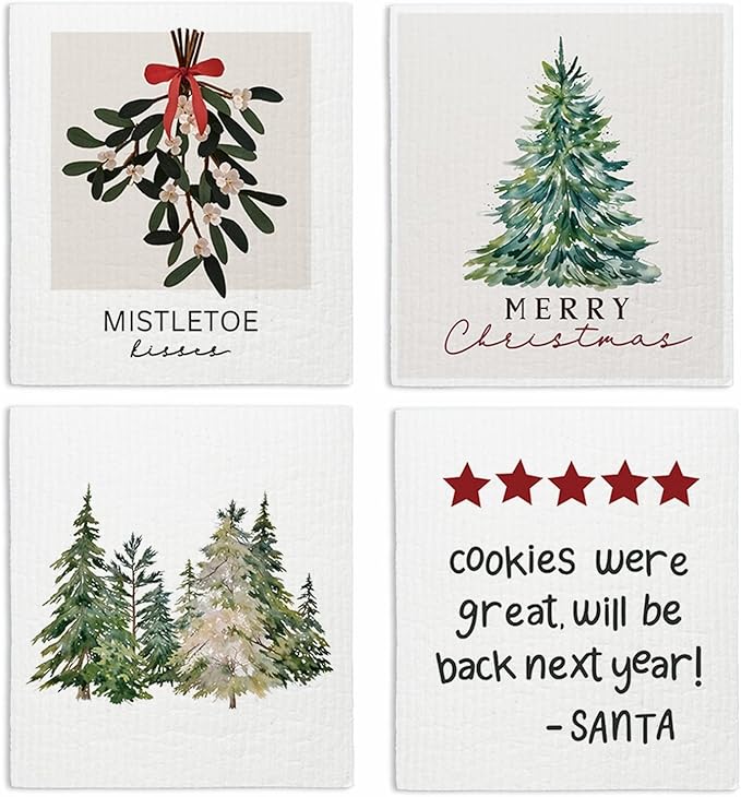 Swedish Dishcloths for Kitchen, Christmas Xmas Tree Winter Kitchen Dish Towels for Washing Dishes, 4 Pack Reusable Paper Towels, Sponge Cloths for Holiday Home Cleaning Baking Cooking