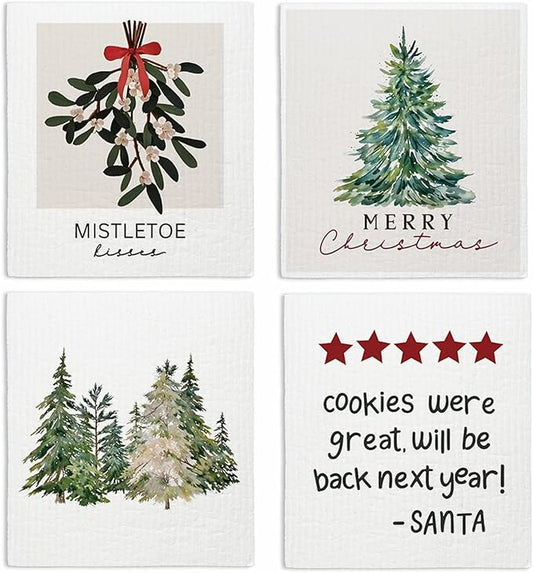 Swedish Dishcloths for Kitchen, Christmas Xmas Tree Winter Kitchen Dish Towels for Washing Dishes, 4 Pack Reusable Paper Towels, Sponge Cloths for Holiday Home Cleaning Baking Cooking