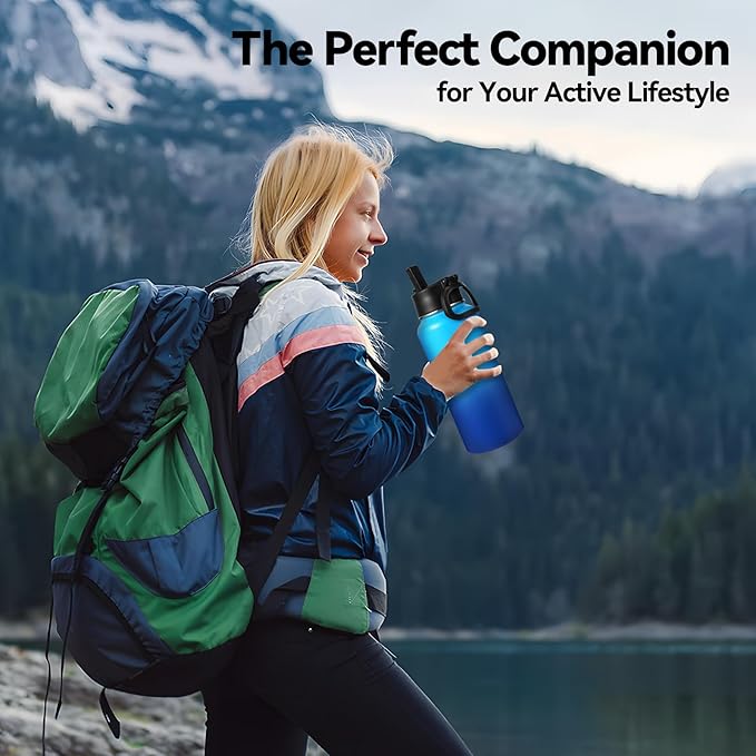Neihepal 32 oz Insulated Water Bottles with 2 Lids (Straw & Spout Lid), 18/8 Stainless Steel Double Wall Water Bottle for Gym, Travel, Camping, Sports (Green Blue,2 Pack)
