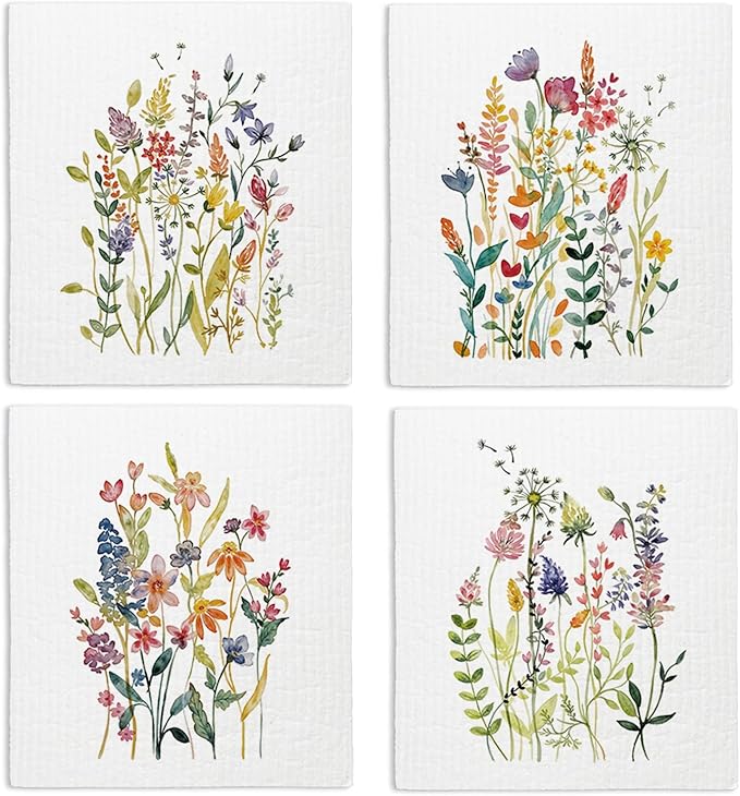 Swedish Dishcloths for Kitchen, Summer Wildflower Dish Rags Floral Kitchen Dish Towels for Washing Dishes, 4 Pack Reusable Paper Towels, Sponge Cloths for Home Cleaning Baking Cooking