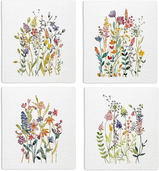 Swedish Dishcloths for Kitchen, Summer Wildflower Dish Rags Floral Kitchen Dish Towels for Washing Dishes, 4 Pack Reusable Paper Towels, Sponge Cloths for Home Cleaning Baking Cooking
