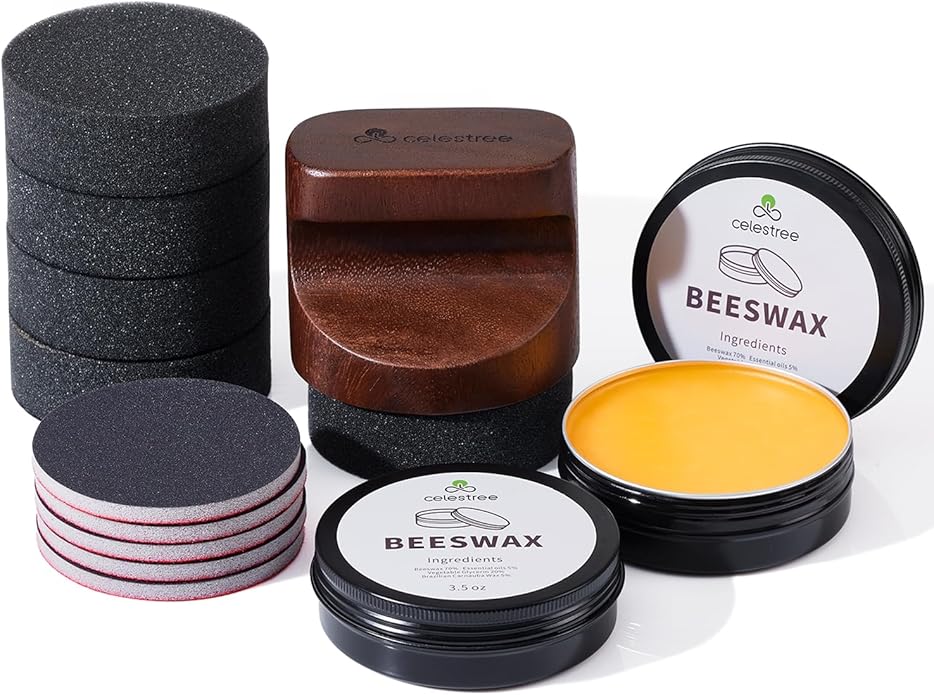 Food Grade Cutting Board Wax Care Kit - Reusable 5 Sponges & 5 Sandpapers, Ergonomic Wood Handle Applicator, 7oz Beeswax Polish for Wood Maintenance, Furniture, Butcher Block, Cast Iron, DIY