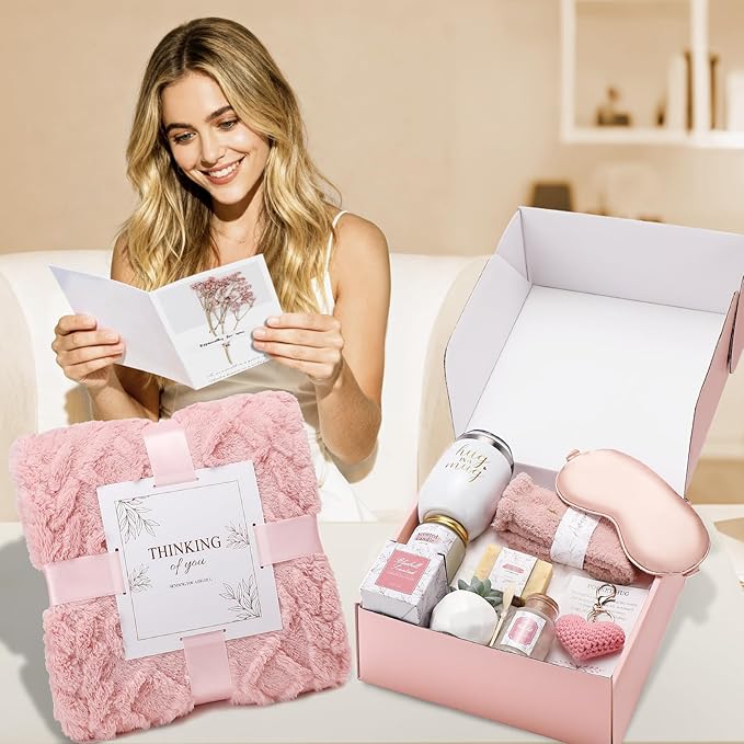 Get Well Gifts for Women Self Care Gifts Basket - Relaxing Spa Care Package After Surgery Thinking of You Birthday Gift - Feel Better Sympathy Gift Set for Her Mom Sister Friend Wife (Pink)