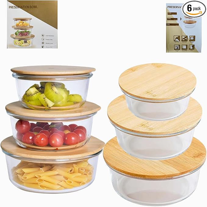 Glass Food Containers with Bamboo Lids – 6-Piece Round Set, Leakproof Storage Bowls, BPA-Free Glass Meal Prep Containers, Airtight Kitchen Set
