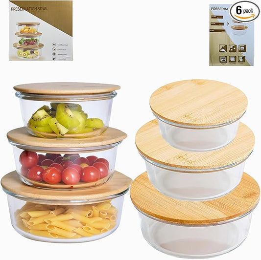 Glass Food Containers with Bamboo Lids – 6-Piece Round Set, Leakproof Storage Bowls, BPA-Free Glass Meal Prep Containers, Airtight Kitchen Set