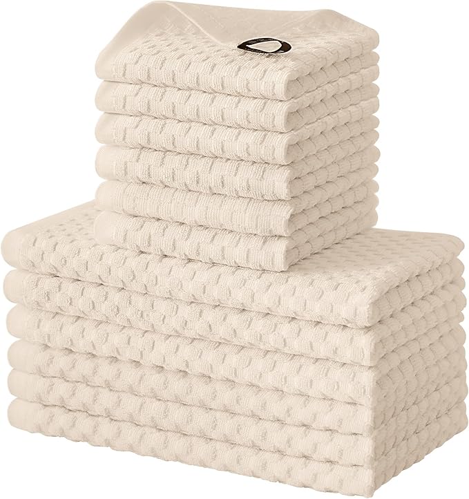 Fintale 100% Cotton Kitchen Towels and Dishcloths Set, 12 x 12 & 15 x 25 Inches, Set of 12 Bulk Super Soft and Absorbent Terry Cloth Dish Towels, Quick Drying Hand Towels with Hanging Loop, Beige