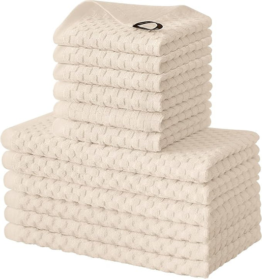 Fintale 100% Cotton Kitchen Towels and Dishcloths Set, 12 x 12 & 15 x 25 Inches, Set of 12 Bulk Super Soft and Absorbent Terry Cloth Dish Towels, Quick Drying Hand Towels with Hanging Loop, Beige