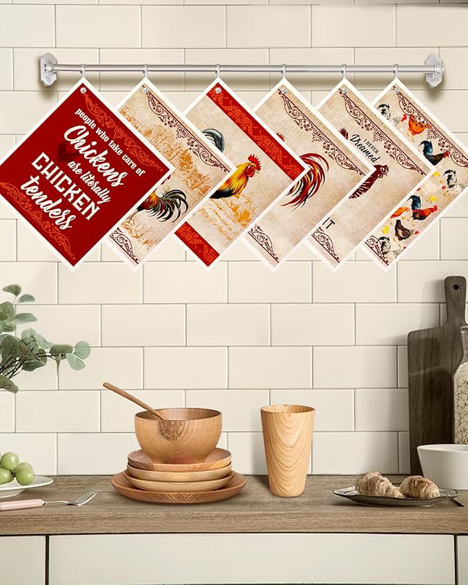 Kitchen Swedish Dishcloths with Hooks - 6 Pack Reusable Dish Cloths for Washing Dishes Fast Drying Cute Fun Swedish Dish Towels Washable Cleaning Sponge, Red Chicken