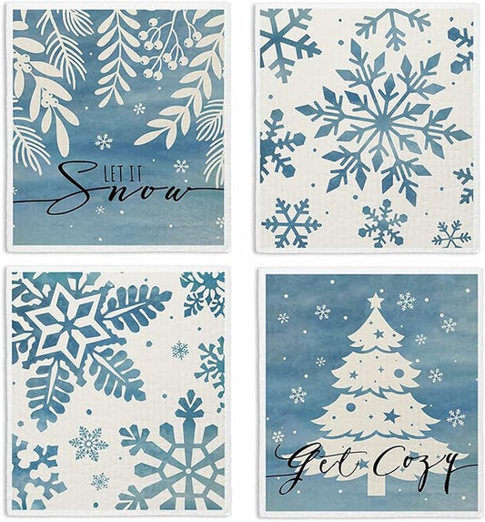 Christmas Swedish Dishcloths for Kitchen, Winter Snowflake Xmas Blue Kitchen Dish Towels for Washing Dishes, 4 Pack Reusable Paper Towels, Sponge Cloths for Home Party Housewarming Cleaning