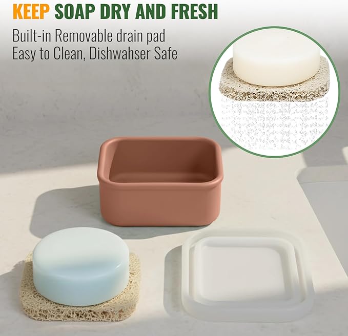 Shampoo Bar Travel Case with Draining Pad | Leakproof Silicone Small Travel Soap Case | Ultra-Compact for Gym, Camping, Business Trip (Mocha Brown)