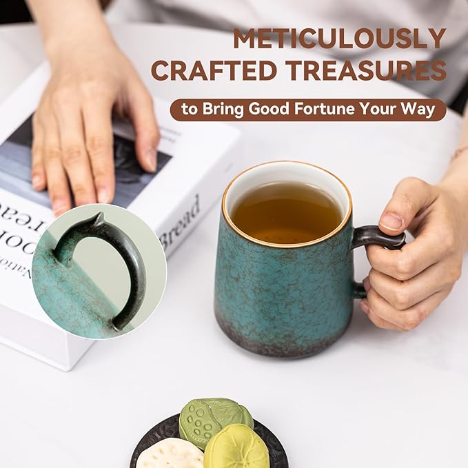 15oz Peacock Green Kiln-Change Ceramic Coffee Mug, 1340℃ High-Fire Unique Glaze Tea Cup - Lead-Free, Microwave Safe, Handcrafted Gift for Coffee/Tea Lovers