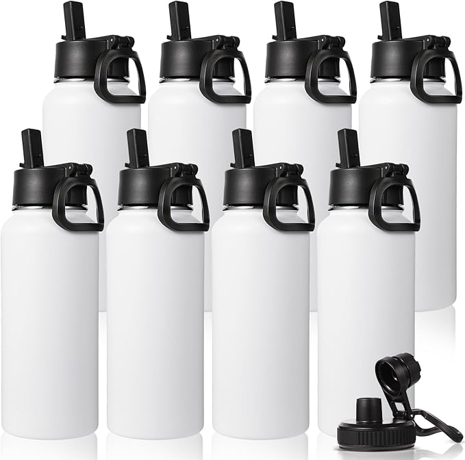 Neihepal 32 oz Insulated Water Bottles Bulk with 2 Lids (Straw & Spout Lid), Stainless Steel Double Wall Water Bottle, Keeps Cold 24H & Hot 12H (White,8 Pack)