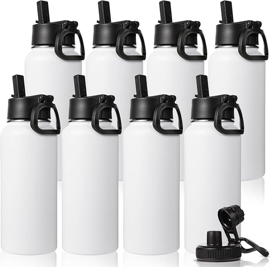 Neihepal 32 oz Insulated Water Bottles Bulk with 2 Lids (Straw & Spout Lid), Stainless Steel Double Wall Water Bottle, Keeps Cold 24H & Hot 12H (White,8 Pack)