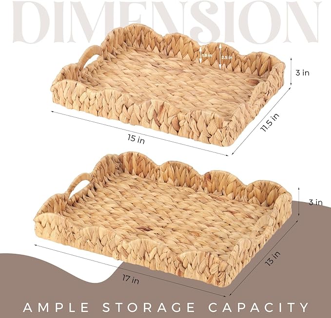 2Pcs - Scalloped Basket, Decorative Basket, Water Hyacinth Tray (17 x 13 x 3 inch - 2Pcs) with Scalloped Edge and Built-in Handles, Rectangle Serving/Woven/Basket/Seagrass Tray