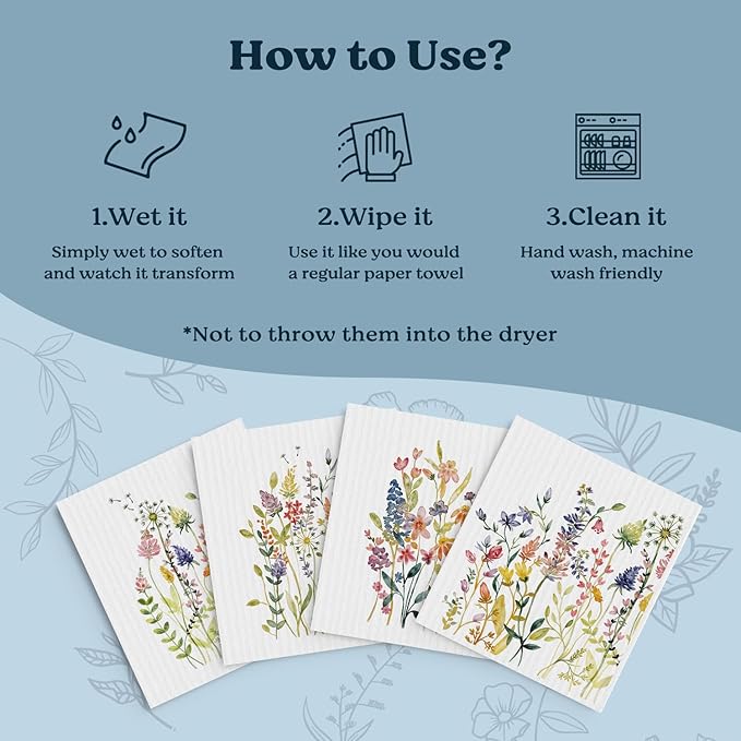 Swedish Dishcloths for Kitchen, Summer Wildflower Dish Rags Floral Kitchen Dish Towels for Washing Dishes, 4 Pack Reusable Paper Towels, Sponge Cloths for Home Cleaning Baking Cooking