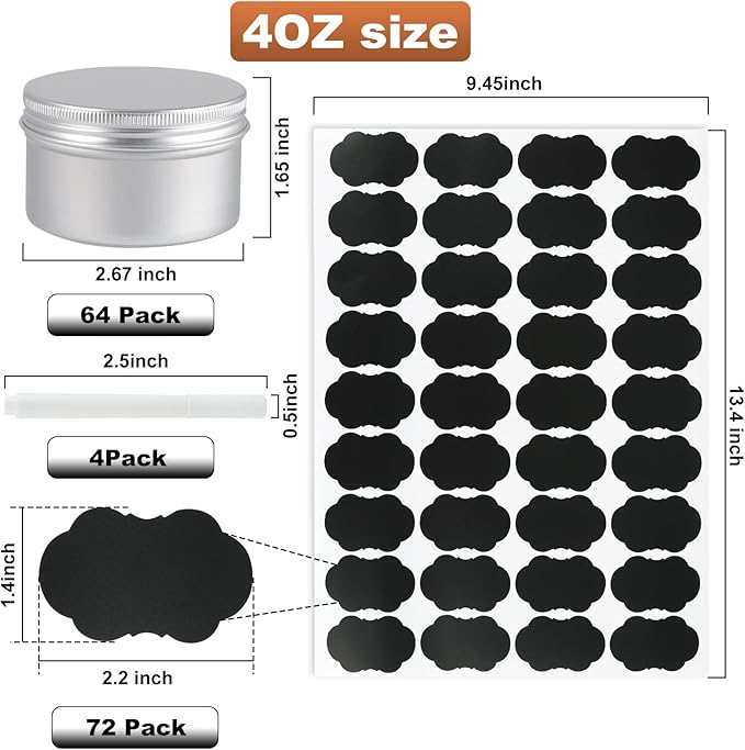 64 Pack Round Cans with Screw Lid 4 Oz Aluminum Metal Tins DIY Food Candle Containers for Lotion Bars, Balms, Salve, Spices, Beard Balm, Crafts with 4 Markers 2 Sheets Label Stickers (Silver)