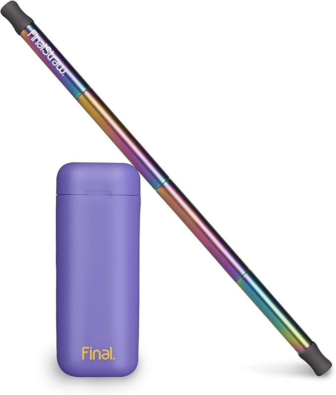 FinalStraw Collapsible, Reusable, Metal Straw | Travel Case, Cleaning Tool | Easy to Clean | Stainless Steel and 100% Silicon Tips | Eco-Friendly | Porpoise-ful Purple Case, Rainbow Stainless Steel