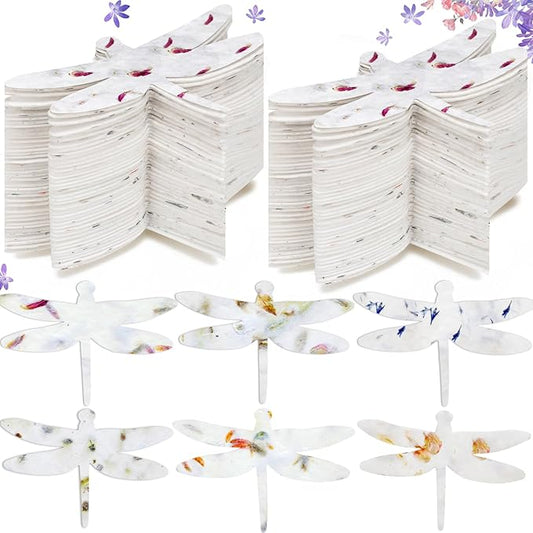 50 Pcs Handmade Seed Paper Plantable Wildflower Seed Paper Recycled Flower Petals Tags Wedding Favors for Guests Craft Gifts Cards for Envelope Birthday Party, 5 Styles (Dragonfly Shape)