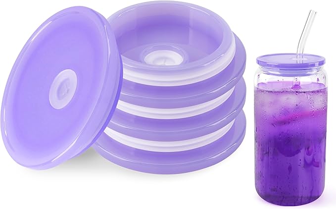 Joyclub 4 Pack Acrylic Lids for 16 oz Glass Cups with Bamboo Lids and Straws Reusable Iced Coffee Cup Beer Can Drinking Glasses for Smoothie Whiskey Boba Soda Tea Gift (Purple)