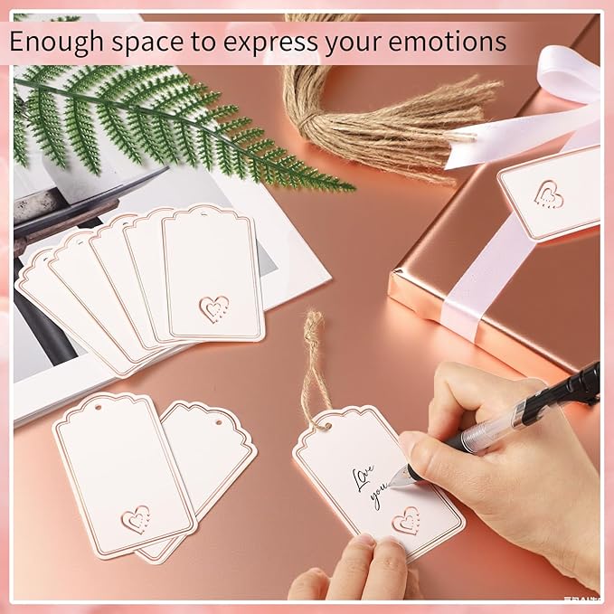 120 PCS Gift Tags with String Attached Foil Rose Gold Heart Paper Tags Writable Blank Tag for Gift Bags Valentine's Day Mother's Day Wedding DIY Craft Project Stocking Stuffers 3.5''×2''