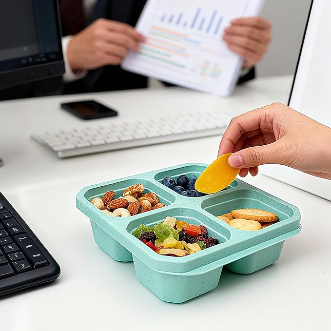 4 Pack Bento Snack Containers, 4 Compartment Divided Meal Prep Lunch Box Containers, Wheat Straw Reusable Food Storage Lunchable Container for Work Travel Picnic