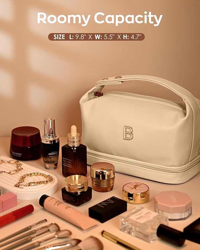 Makeup Bag with Handle, Waterproof Double Layer Cosmetic Bag, Large Capacity PU Leather Makeup Bags Letter Travel Toiletry Bag with Makeup Brush Organizer