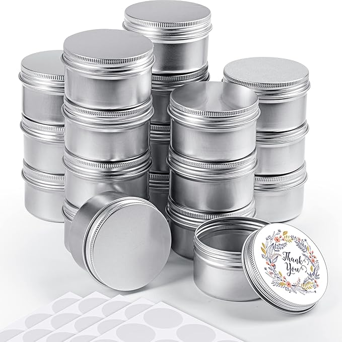 Patelai Silver Christmas Aluminum Tin Cans 24 Pcs 4 oz Round Metal Tin Jar Containers Refillable Aluminum Storage Cans with Screw Lid and 10 Sheets Label Sticker for Salve Spice Candy Candle