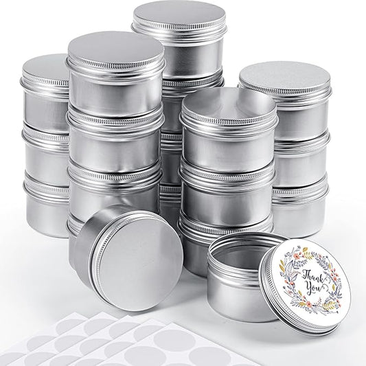 Patelai Silver Christmas Aluminum Tin Cans 24 Pcs 4 oz Round Metal Tin Jar Containers Refillable Aluminum Storage Cans with Screw Lid and 10 Sheets Label Sticker for Salve Spice Candy Candle