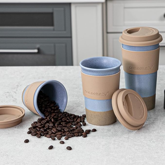 Nucookery Ceramic Travel Coffee Mug Set, Coffee Tumbler with Silicone Lid and Non-Slip Sleeve, Unique To Go Mug, Gifts for Women & Men, Microwave Safe Cappuccino, Tea, Latte, Iced-Coffee Cups, Blue